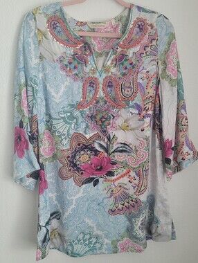 Soft Surroundings Beaded Paisley Floral V-Neck Tunic Top Blue Pink Size S